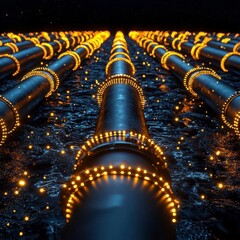 Fototapeta premium Energy stocks, oil and finance dynamics. Rows of glowing pipelines with vibrant orange lights, spanning across a dark, wet surface in a futuristic environment.