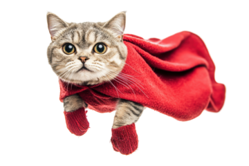 A playful cat dressed in a red cape, showcasing its enchanting personality on a white isolated background.