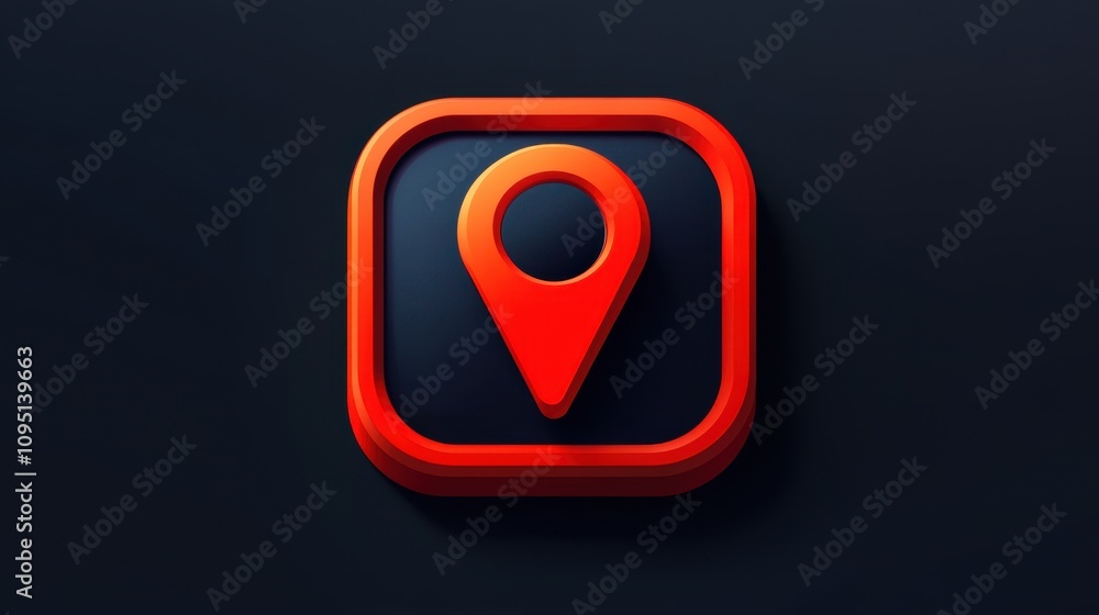 Poster vibrant red location pin icon on dark background, ideal for navigation and mapping applications, sym