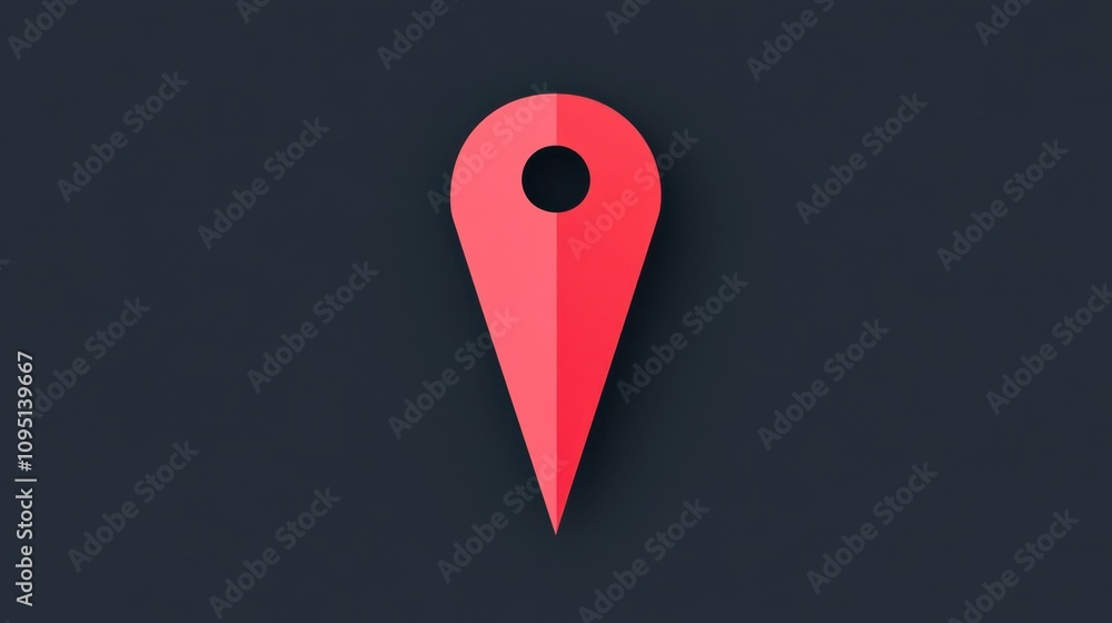 Poster minimalist red location pin icon on dark background: simple geolocation marker design for digital ma
