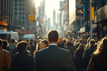 Obraz premium Man in Suit, Rush Hour Crowd, Financial District Street Scene