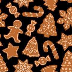 Christmas Gingerbread Cookies seamless pattern. Winter sweet homemade biscuits in different shapes.