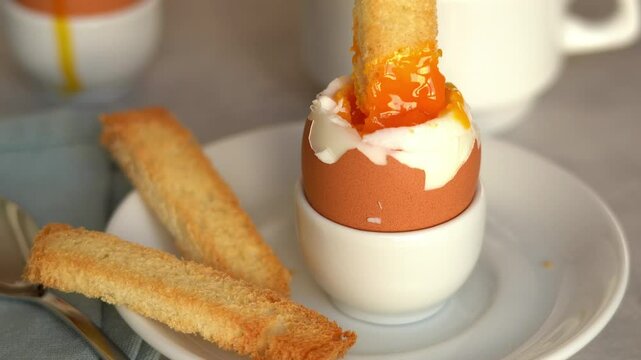 Fresh crispy bread crouton dips in soft-boiled egg in egg cup. Breakfast concept. Food background