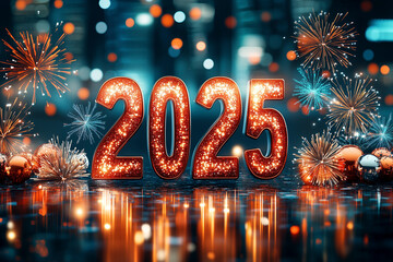 2025 feiern mit Feuerwerk und Konfetti, Grußkarte mit goldener Jahreszahl 2025 und blauem Hintergrund