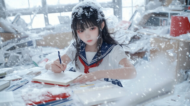 Asian teen girl sitting at a desk in the middle of a room engulfed by a violent snowstorm. Her winter school uniform is covered in snow, but her serene expression and calm 