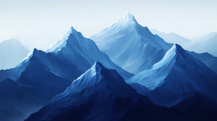 Collection of majestic mountain peaks, beautifully rendered in shades of blue, showcasing the serene and powerful essence of nature. Shadowed Mountain Peaks. Illustration