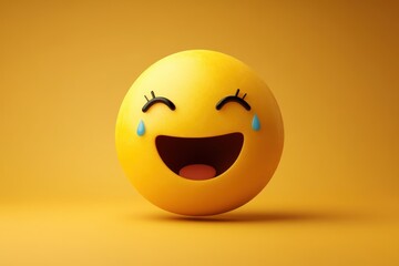 Fototapeta premium Yellow Egg Emoji Laughs With Tears Of Joy