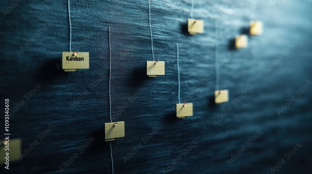 Poster Gold labels on strings showcasing the Kanban system against a textured blue background, symbolizing agile project management and workflow efficiency in modern business practices.