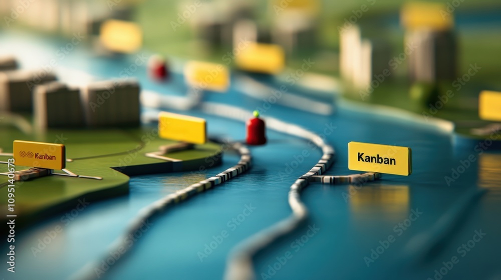 Aufkleber Detailed Representation of a Kanban Board Concept with Miniature Structures and Water Elements Illustrating Workflow Management in a Creative Setting