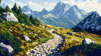 A rocky mountain trail with small stones and pebbles, surrounded by alpine vegetation and distant mountain peaks. Shadowed Mountain Peaks. Illustration