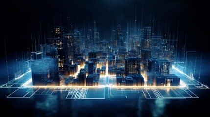 Futuristic cityscape created by glowing particles on a dark blue background, abstract design