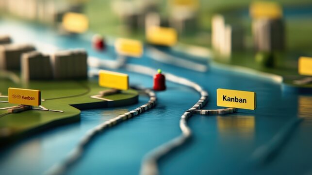 Detailed Representation of a Kanban Board Concept with Miniature Structures and Water Elements Illustrating Workflow Management in a Creative Setting