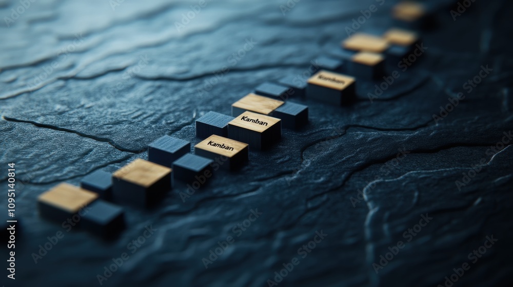 Poster Abstract representation of a Kanban board with blocks on textured dark background, illustrating project management, workflow, and task organization concepts effectively and artistically.