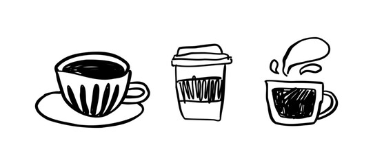 Set with coffee in different cups in doodle style. Vector illustration for design.