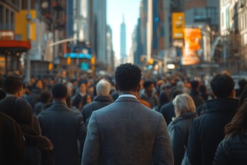 Obraz premium Manhattan Businessman Back View Anonymous Figures on Busy Sunlit Street