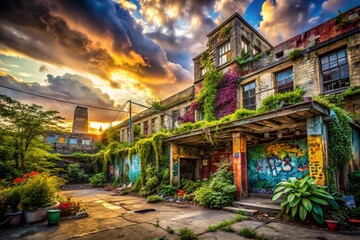 Fototapeta premium Urban Exploration Photography: Captivating Abandoned Buildings and Hidden Spaces in a Vibrant City Setting, Showcasing the Beauty of Decay and Urban Life Contrast for Online Picture Sharing