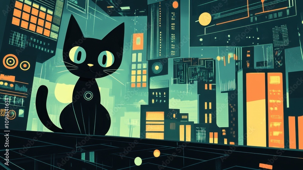 Fototapete abstract black cat in a futuristic digital environment with neon lights and complex graphics, mergin
