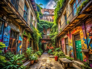 Fototapeta premium Urban Exploration Photography Capturing the Abandoned Charm of Forgotten Spaces in Urban Environments with Vivid Colors and Intriguing Details for Enthusiasts and Adventurers