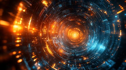 Abstract swirling orange and blue digital tunnel.