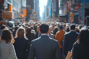 Obraz premium Manhattan Rush Hour Gray Suit in Bright Sunlight Crowd