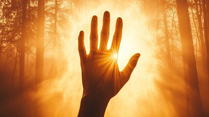 silhouette and double exposure style A hand reaching towards the radiant light.