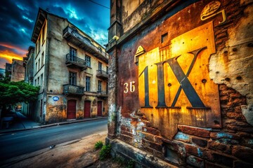 Fototapeta premium Urban Exploration Photography Capturing the Essence of 'IX' in Roman Numerals Against a Gritty Cityscape Backdrop with Creative Lighting and Unique Perspectives
