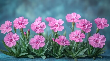 A vibrant arrangement of pink flowers against a soft blue background, showcasing natural beauty.