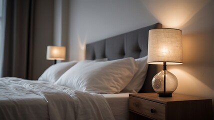 A night lamp next to a hotel bed