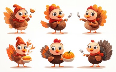 Six adorable cartoon turkey characters celebrating Thanksgiving joy