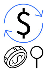 Dollar sign enclosed in blue circular arrows, coin with dollar symbol, and magnifying glass. Ideal for finance, investment, economics, currency exchange, monetary policy, financial analysis banking