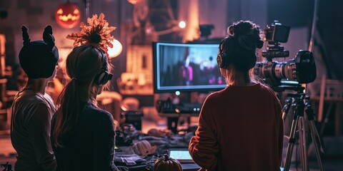 A team of hosts in a broadcast studio dressed in Halloween costumes, preparing for a live Halloween-themed show.