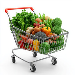 A shopping cart filled with large vegetables and fresh greens, ready for a healthy grocery shopping experience.