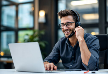 Smiling Customer Support Agent Using Laptop in Modern Office