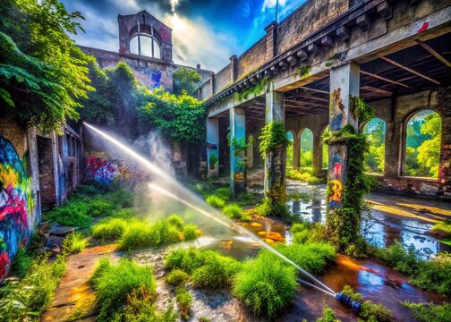 Urban Exploration Photography Featuring a Unique Splinker in Abandoned Cityscape with Vivid Graffiti, Rusty Pipes, and Lush Greenery for an Intriguing Visual Experience