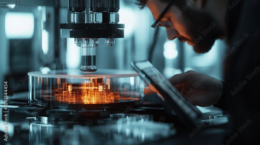 Poster a scientist examining a glowing sample under a microscope in a lab setting.
