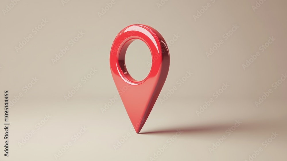 Poster bright red location pin symbol on soft beige background representing navigation and geolocation conc