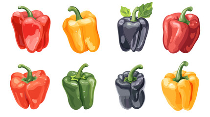 Vector set of various bell peppers Cartoon red green yellow orange sweet paprika fresh organic vegetable for cooking and healthy eating Vector colorful food vegetable illustration on white background