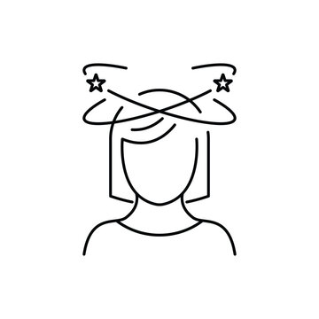 recommend clip art: Dizziness, Migraine, Headache, Distracted Head Linear Pictogram. Front View. Woman Feel Dizzy Line Icon. Tired Woman with Nausea Outline Icon. Editable