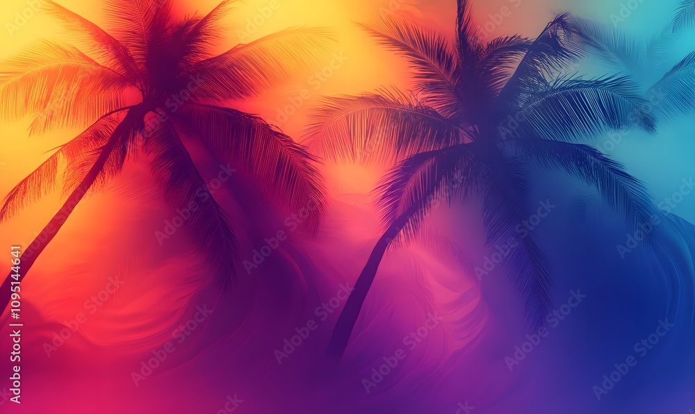 Poster gradient palm silhouettes, create a smooth gradient background where palm tree shadows transition fr