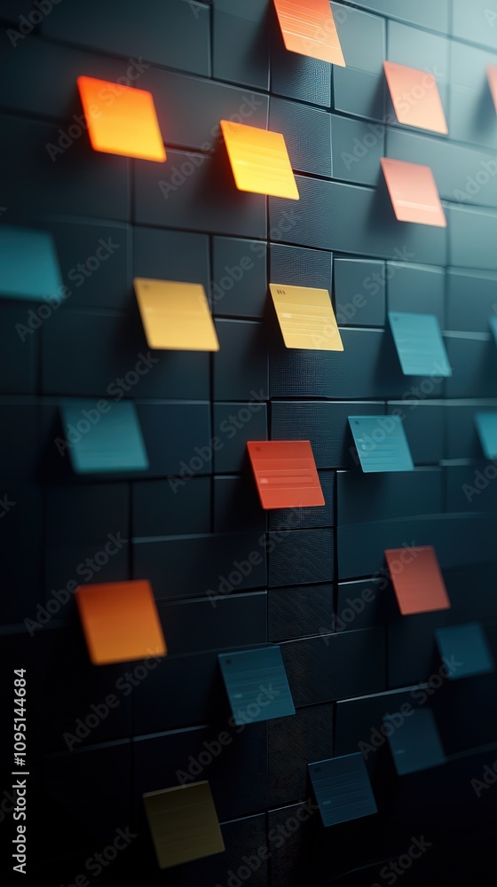 Aufkleber colorful sticky notes on dark wall displaying abstract pattern for creative workspace or brainstormi