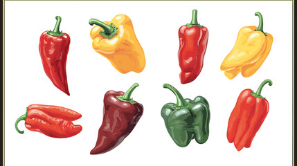 Vector set of various bell peppers Cartoon red green yellow orange sweet paprika fresh organic vegetable for cooking and healthy eating Vector colorful food vegetable illustration on white background