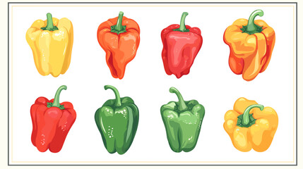 Vector set of various bell peppers Cartoon red green yellow orange sweet paprika fresh organic vegetable for cooking and healthy eating Vector colorful food vegetable illustration on white background