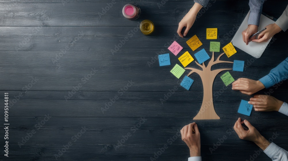 Poster collaborative brainstorming session with sticky notes on a tree diagram on a dark wooden table, hand