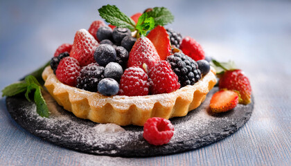 A fresh fruit pie adorned with mixed berries and a pastry cream filling is served on a dark slate platter.