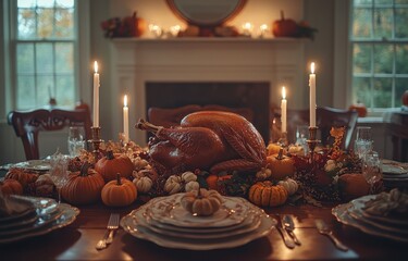 Naklejka premium Elegant Thanksgiving table setting with roast turkey and candles