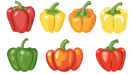 Vector set of various bell peppers Cartoon red green yellow orange sweet paprika fresh organic vegetable for cooking and healthy eating Vector colorful food vegetable illustration on white background