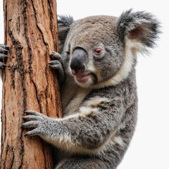 Obraz premium A sleepy koala hugging a tree trunk, isolated on a white background.