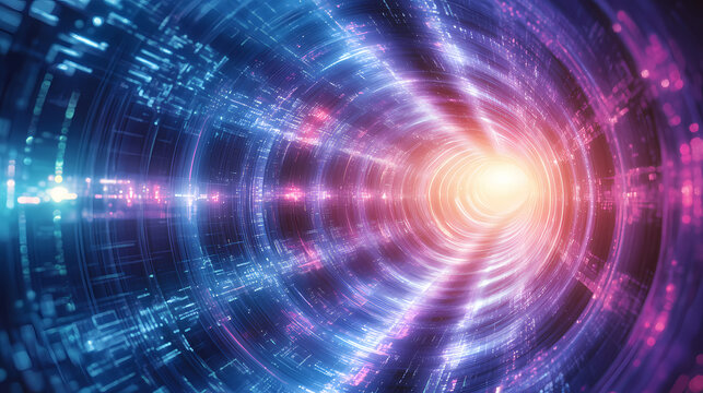 Futuristic abstract background with neon light rays creating an energetic tunnel effect that invites exploration and imagination in a digital landscape. Neon Tunnel Visions. Illustration