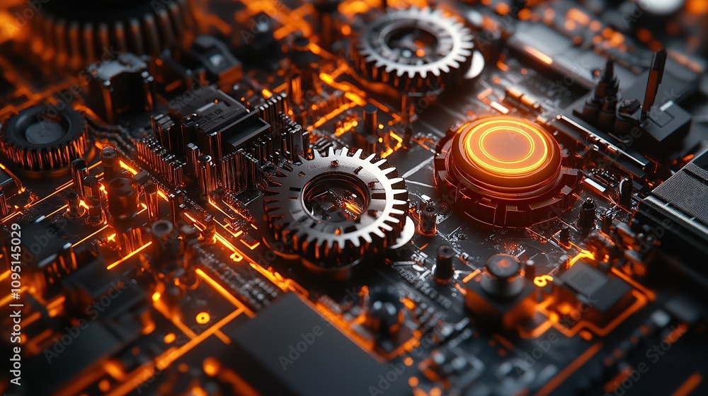 Poster a close-up view of a futuristic circuit board with glowing components.