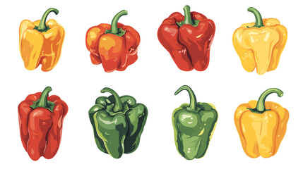 Vector set of various bell peppers Cartoon red green yellow orange sweet paprika fresh organic vegetable for cooking and healthy eating Vector colorful food vegetable illustration on white background